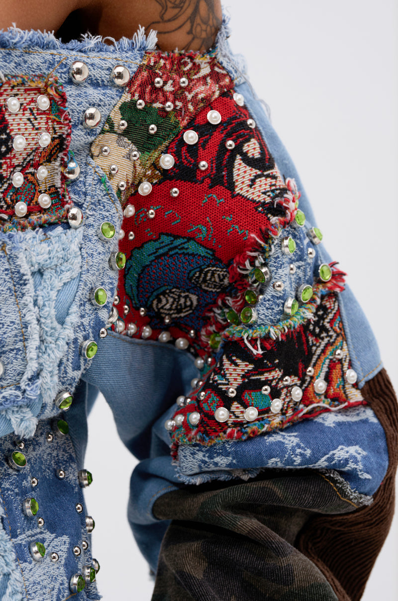 CALL ME CRAZY PATCHWORK OFF THE SHOULDER SWEATSHIRT