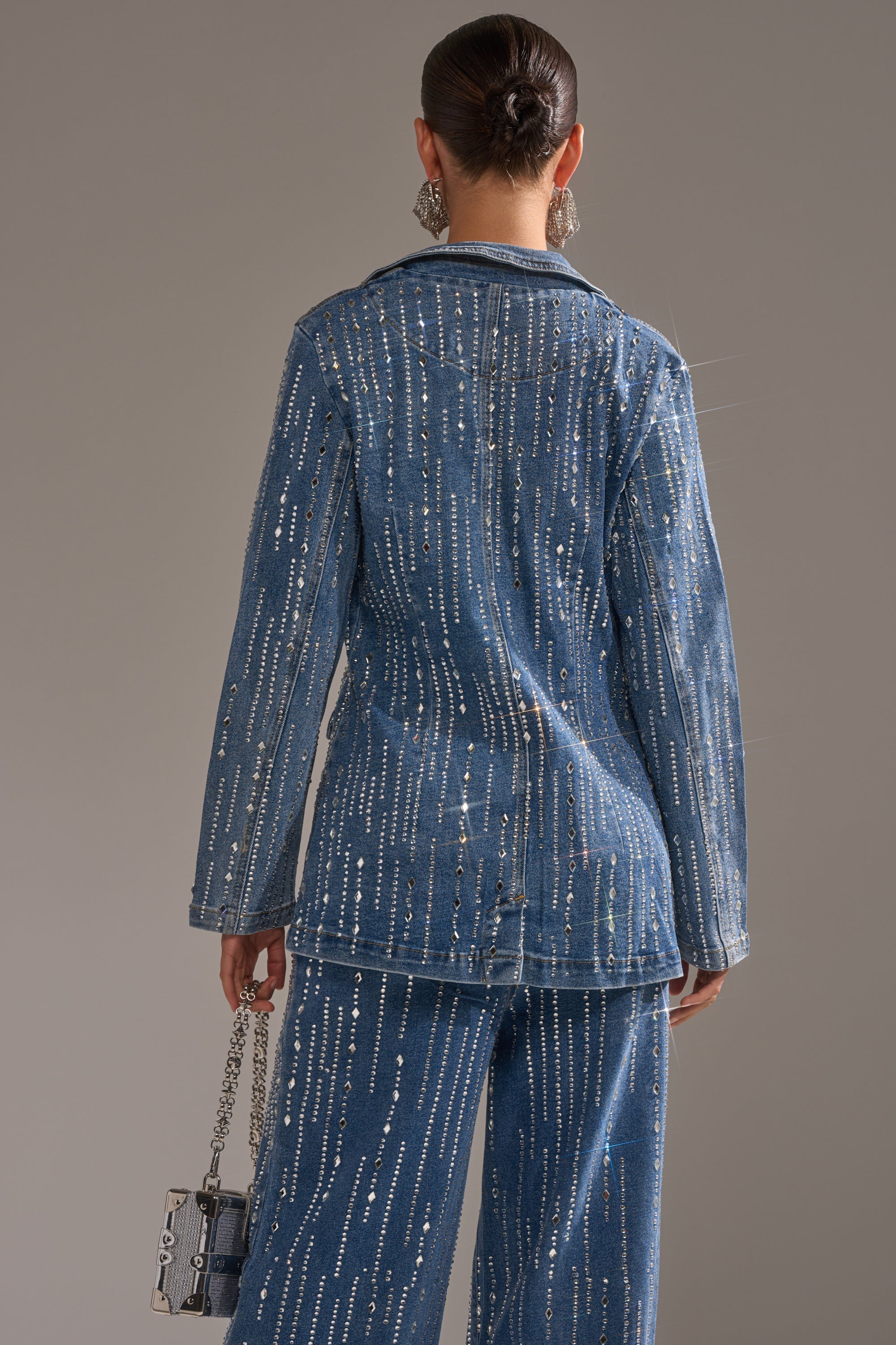 NEVER COME DOWN RHINESTONE DENIM BLAZER