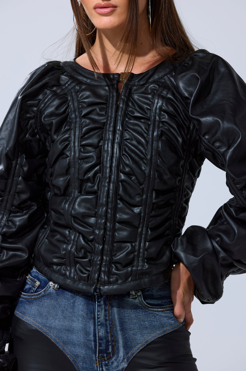 FAUX LEATHER CORSETED MOTO JACKET