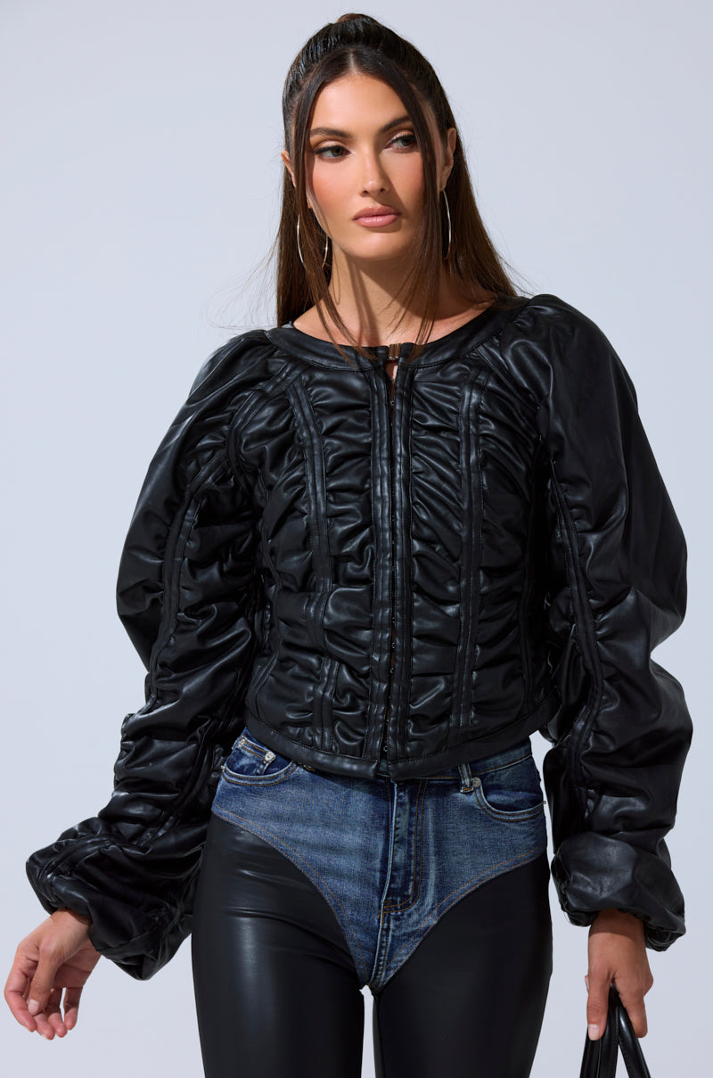 FAUX LEATHER CORSETED MOTO JACKET