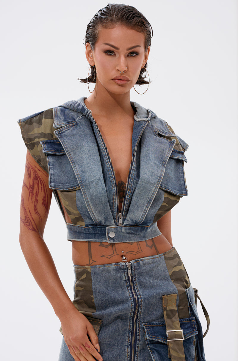 DOWN AND DIRTY DENIM HOODED VEST