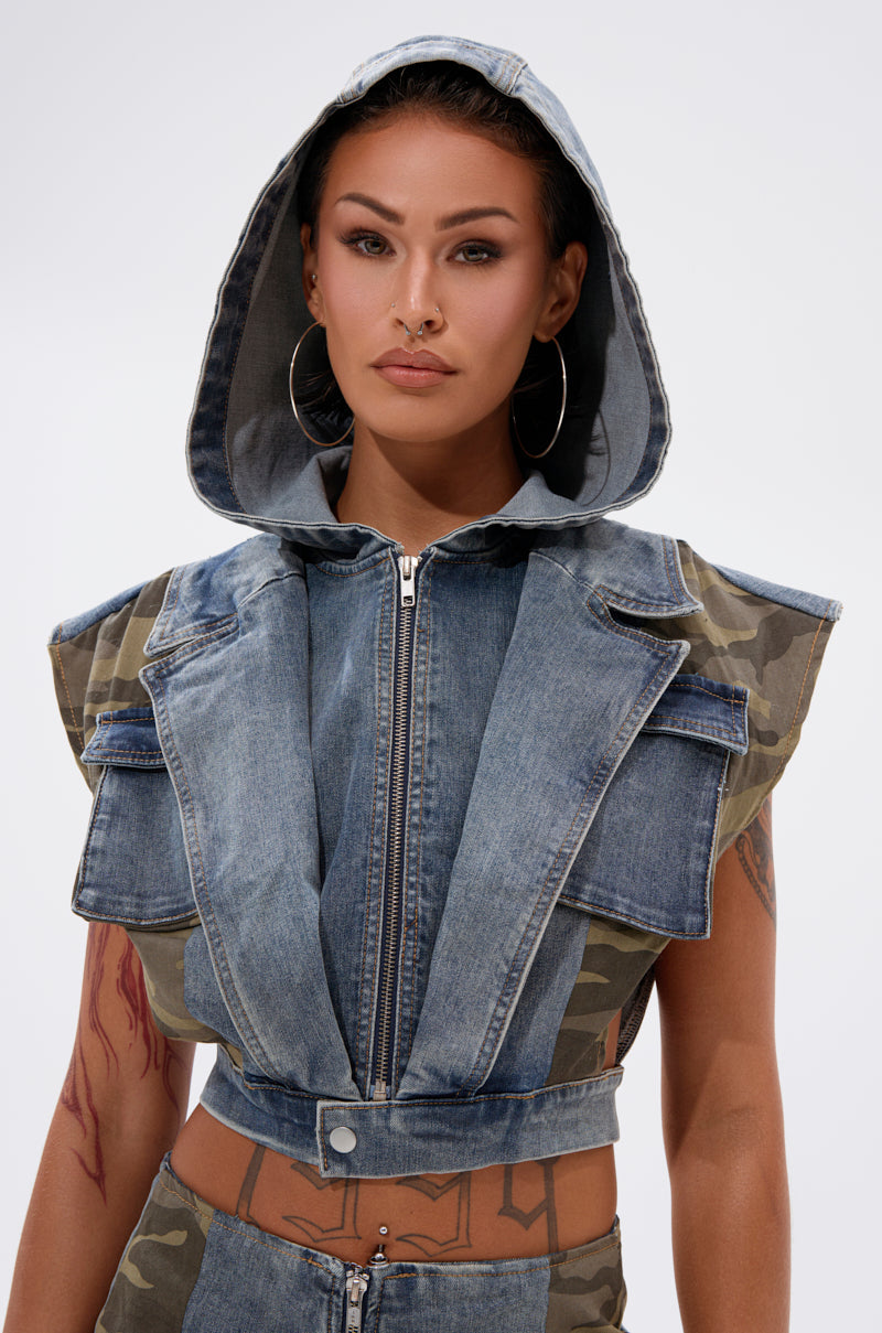DOWN AND DIRTY DENIM HOODED VEST