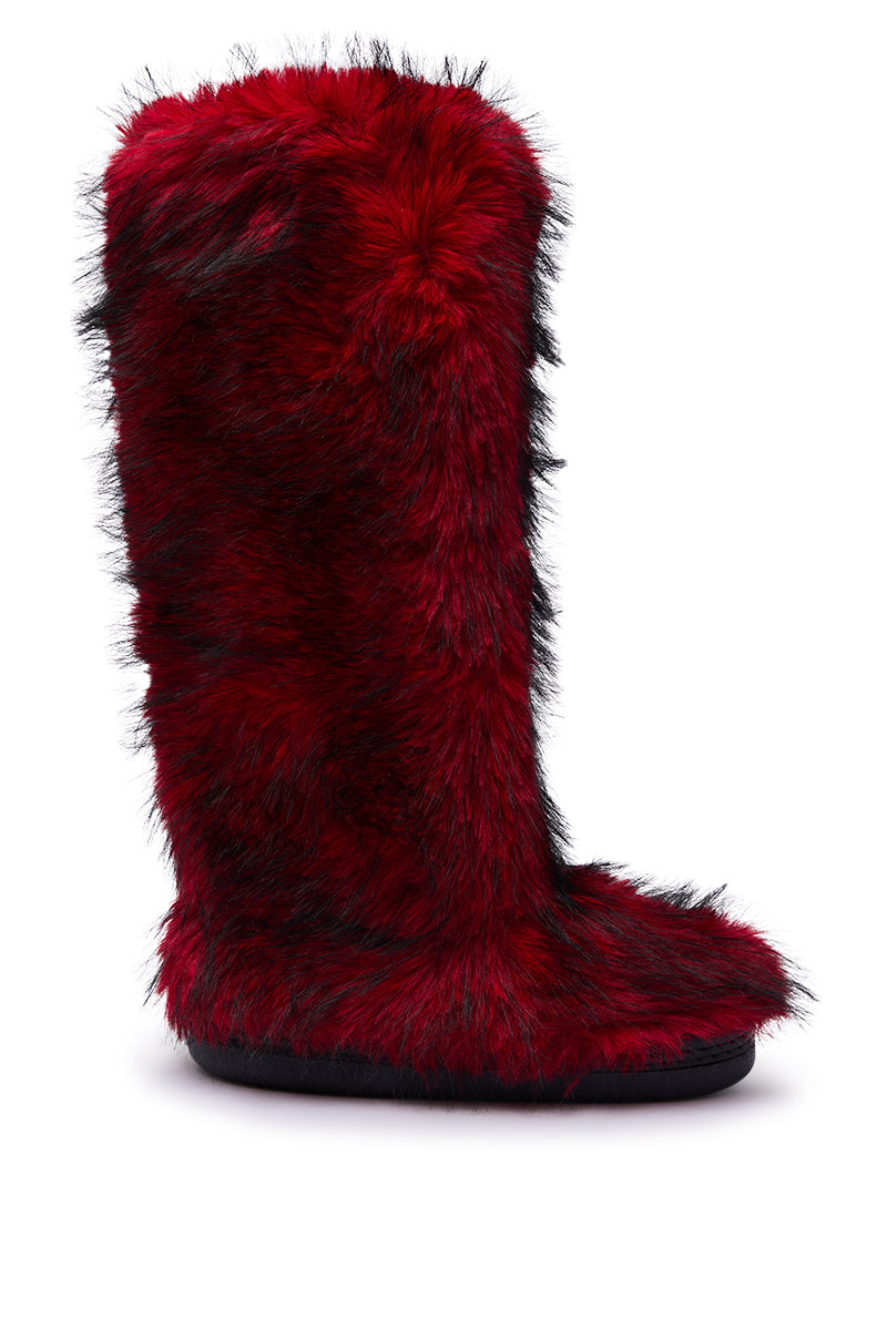 AZALEA WANG FARAMUN RED MULTI FLAT FUR KNEE HIGH BOOT
