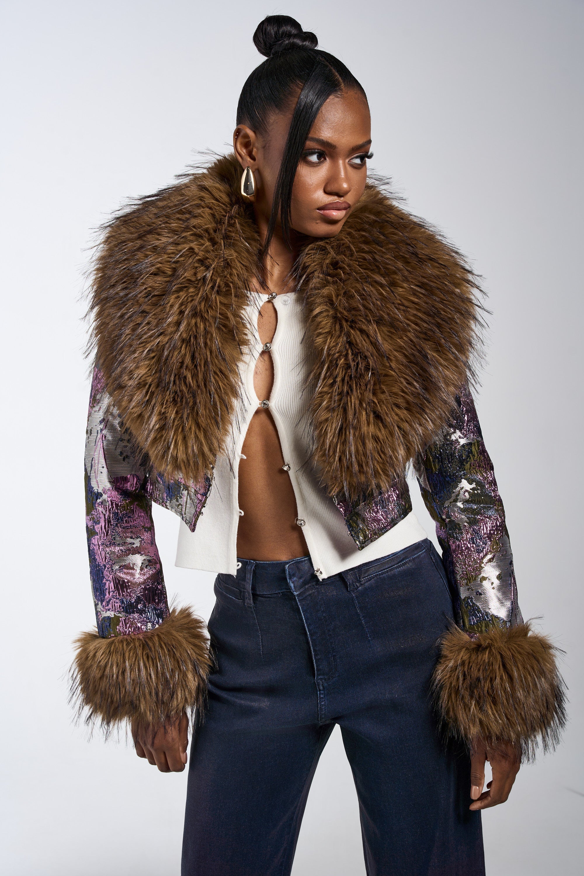 GISELE FUR TRIM MOTO IN BROCADE