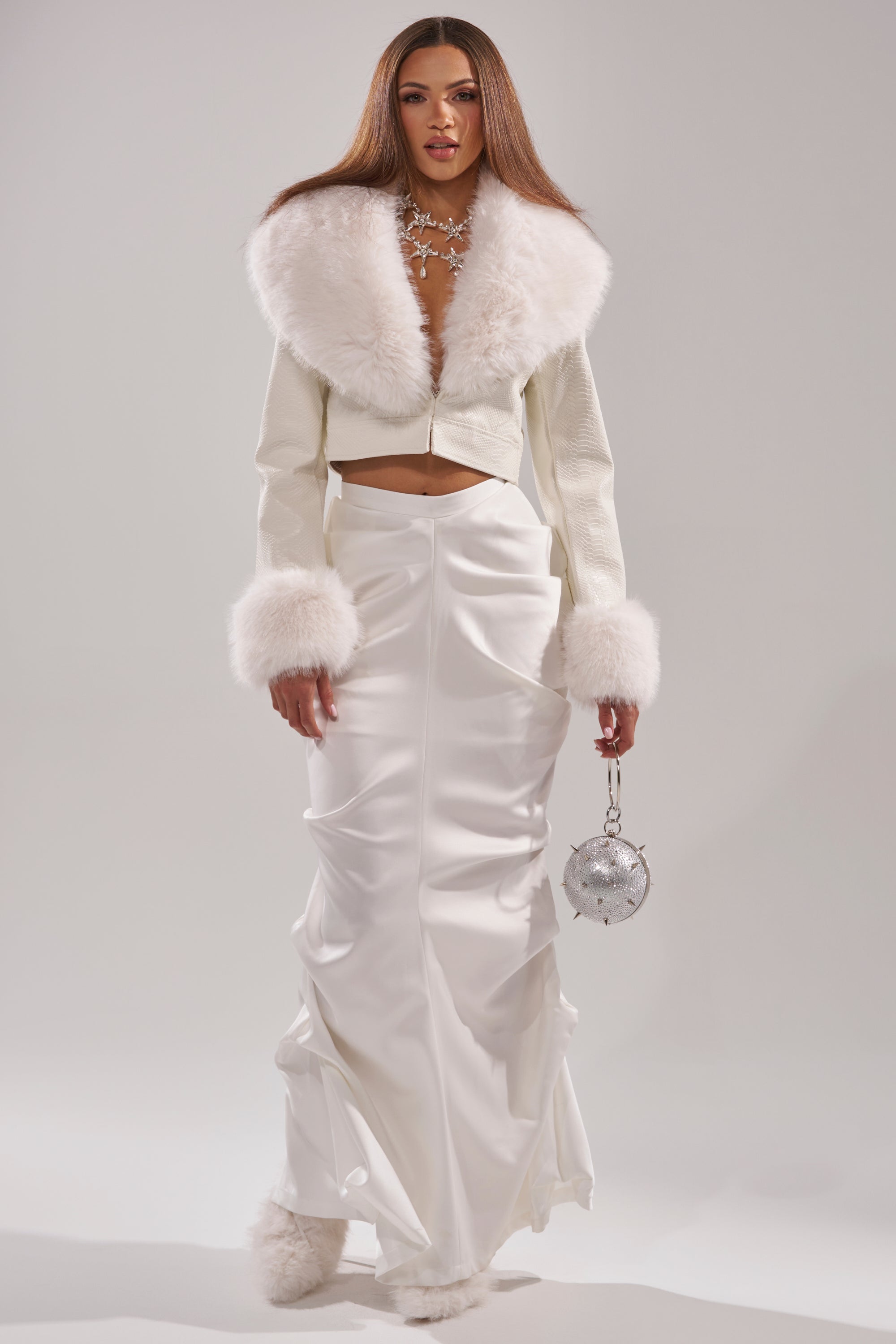 GISELE FUR TRIM MOTO IN WHITE CROC