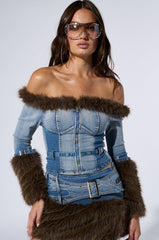 FRANCESCA FUR TRIM OFF SHOULDER DENIM TOP
