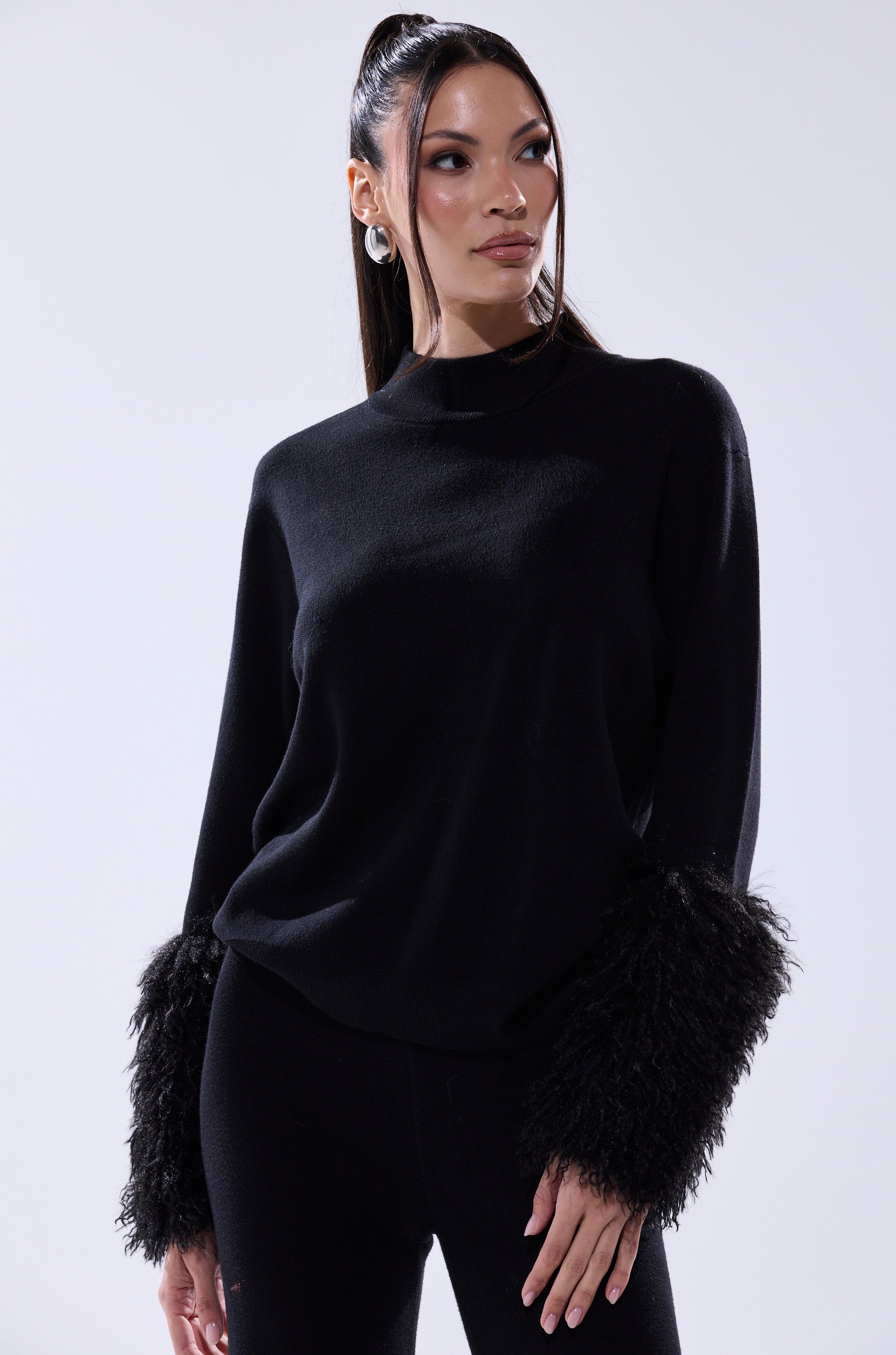 COZY VIBES SWEATER WITH FUR CUFF IN BLACK