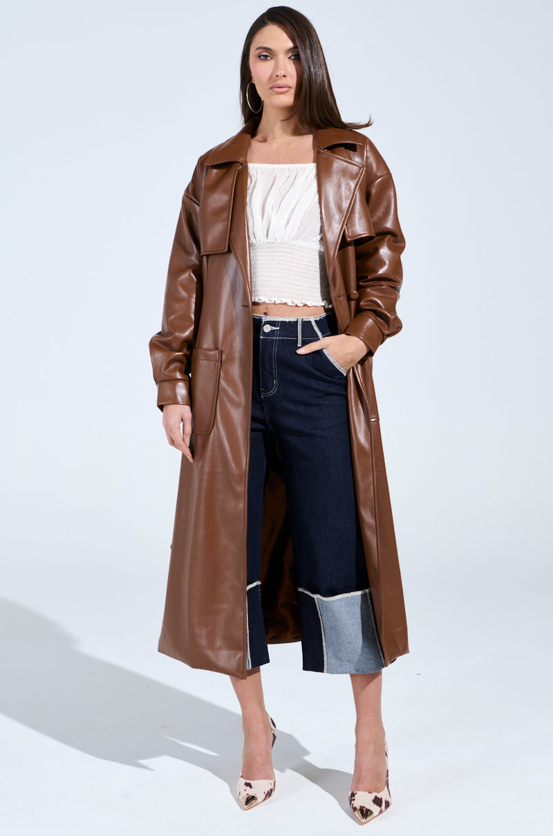 BUTTER LUXE FAUX LEATHER TRENCH IN BROWN