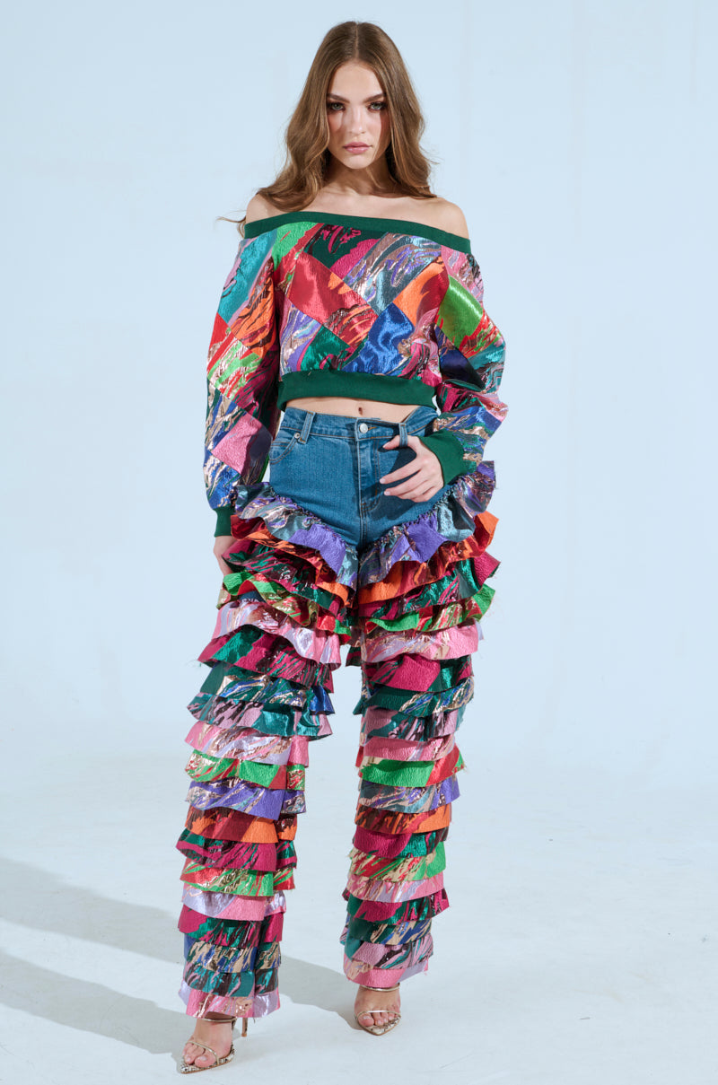 LIFE IS BUT A DREAM BROCADE RUFFLE DENIM