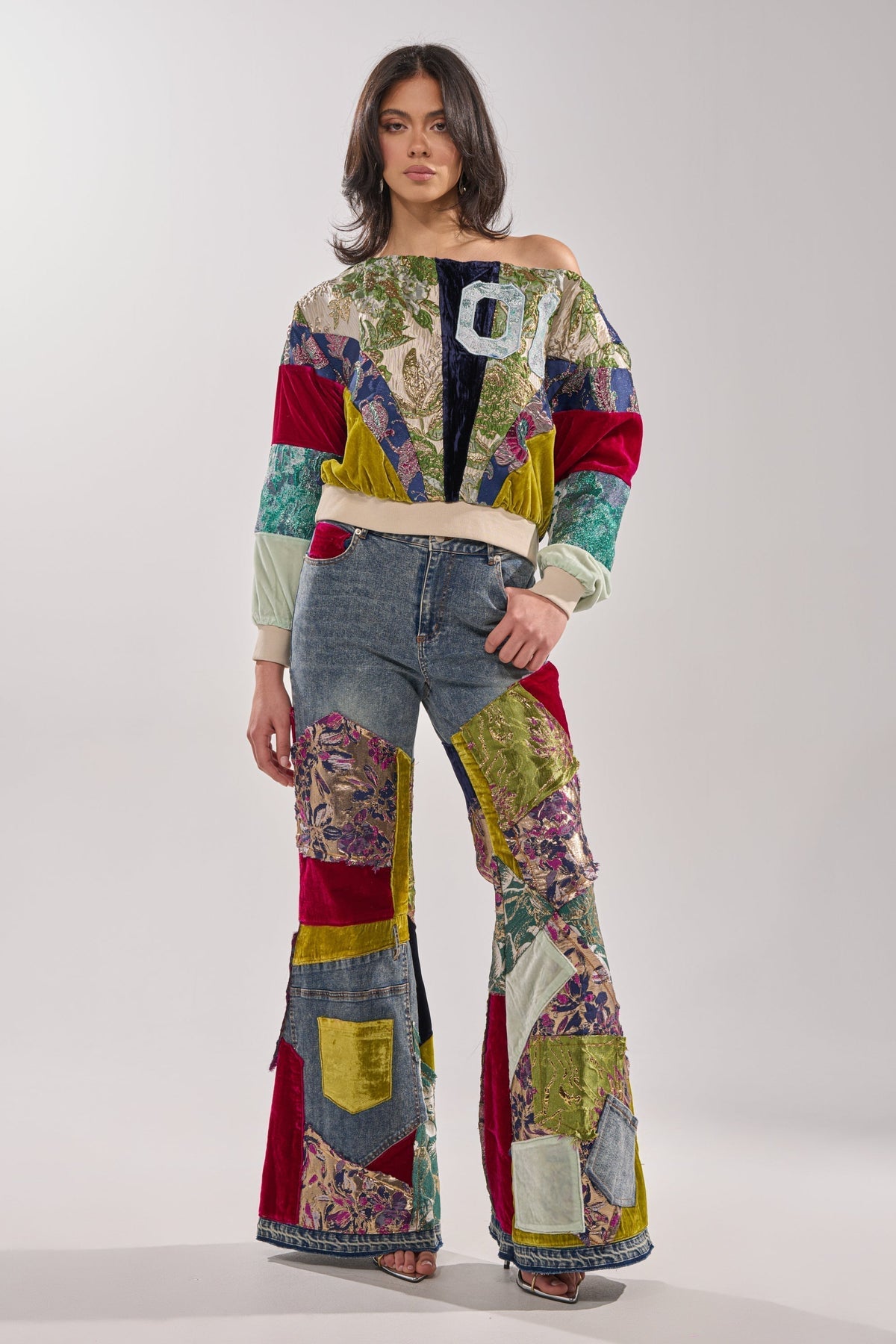 MIXED EMOTIONS BROCADE PATCHWORK FLARE DENIM