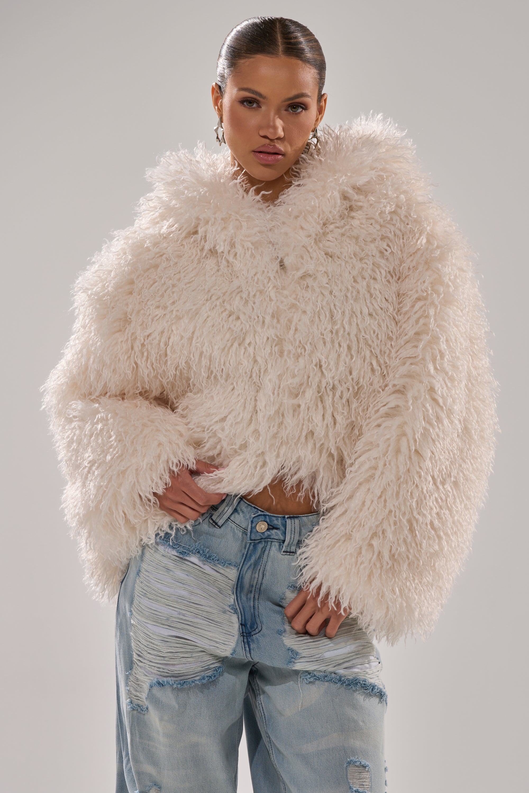 LOOK AT ME NOW HOODED FUR BOMBER IN IVORY