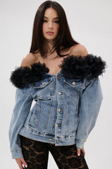DANA OFF THE SHOULDER RUFFLE DETAIL DENIM TOP