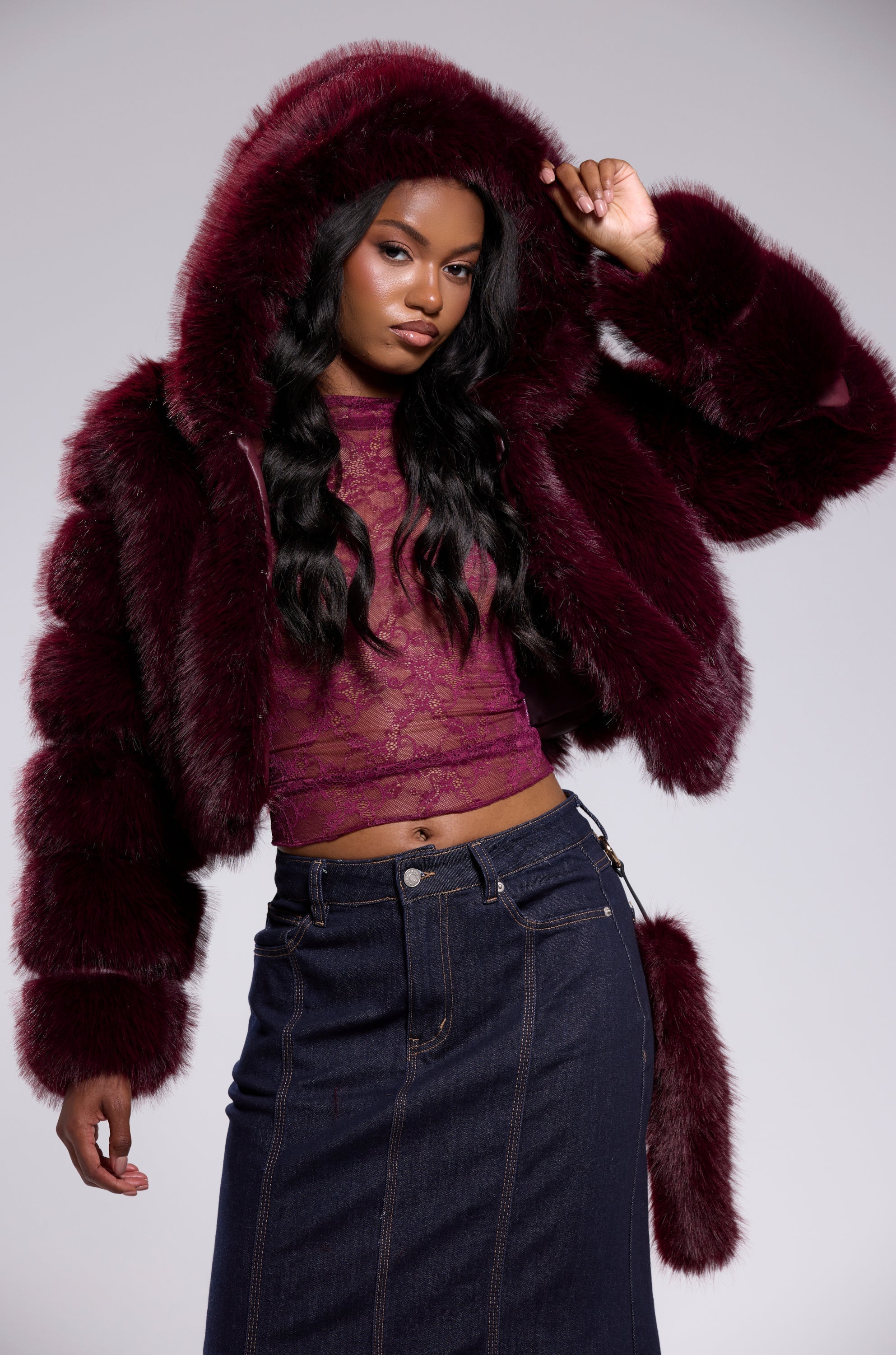 JOLENE FAUX FUR COAT IN BURGUNDY
