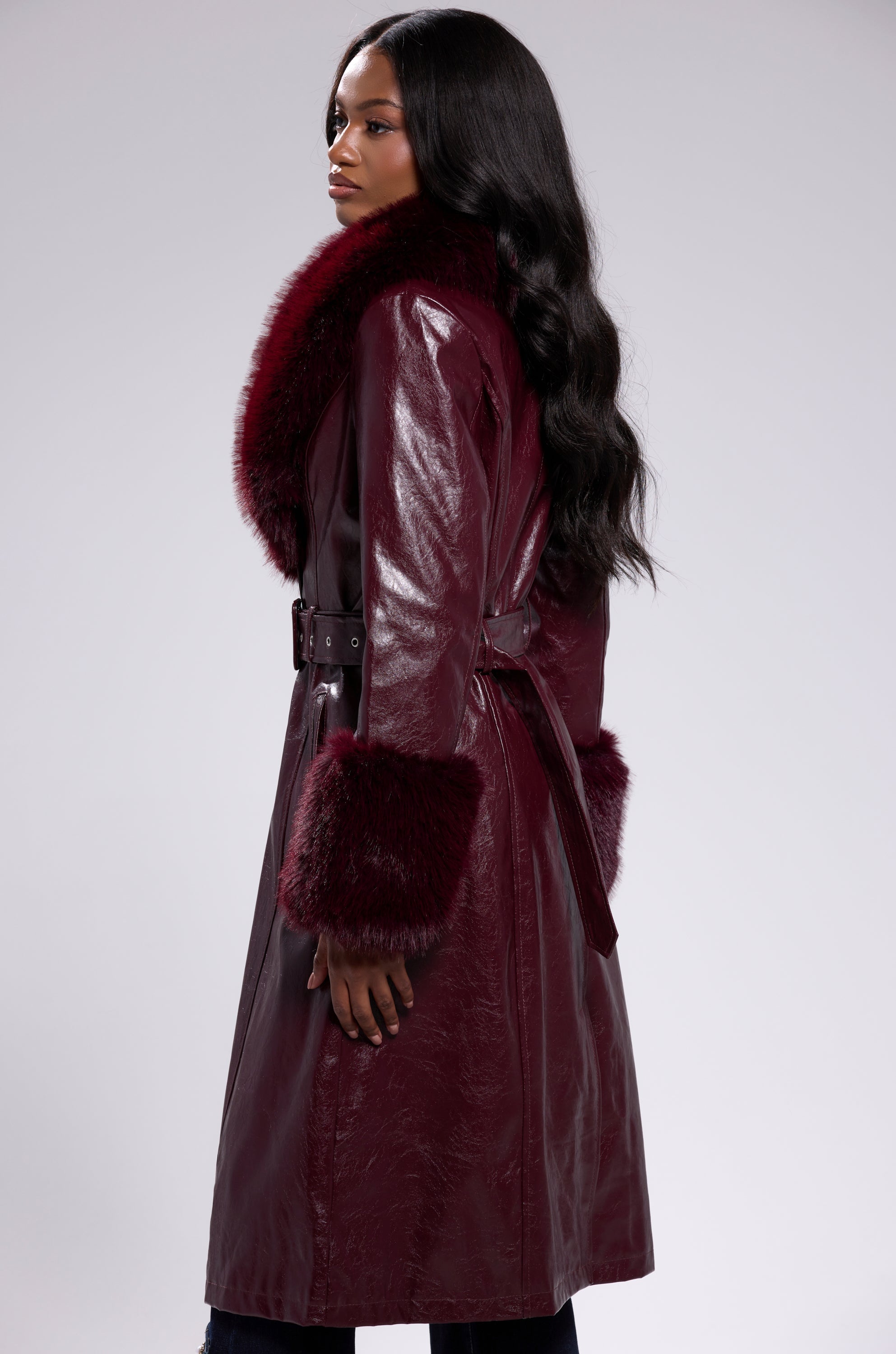 KAYA FUR TRIM TRENCH IN BURGUNDY