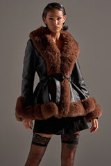 KENZY FUR TRIM PEPLUM MOTO IN BLACK BROWN