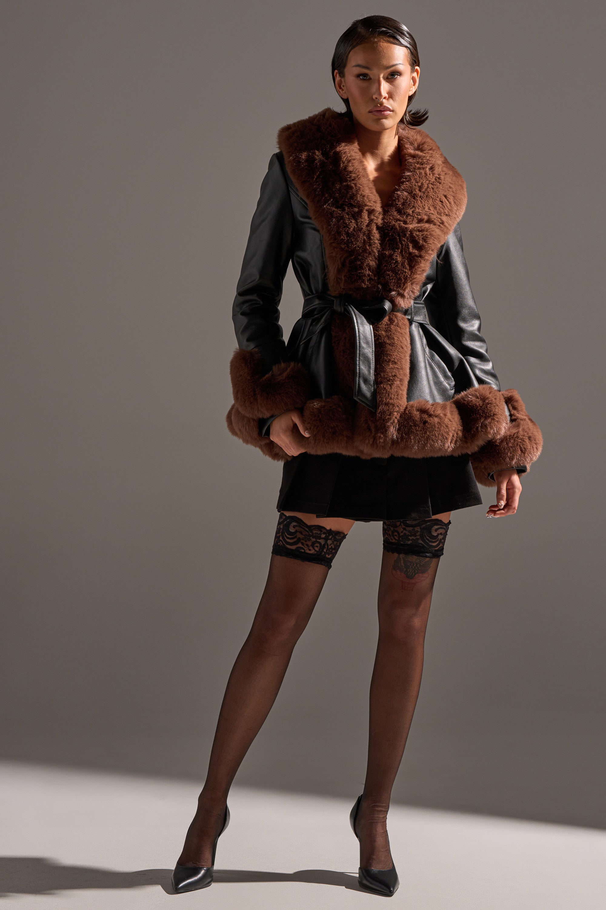 KENZY FUR TRIM PEPLUM MOTO IN BLACK BROWN