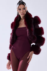 LOVERBOY FAUX FUR MOTO JACKET IN BURGUNDY