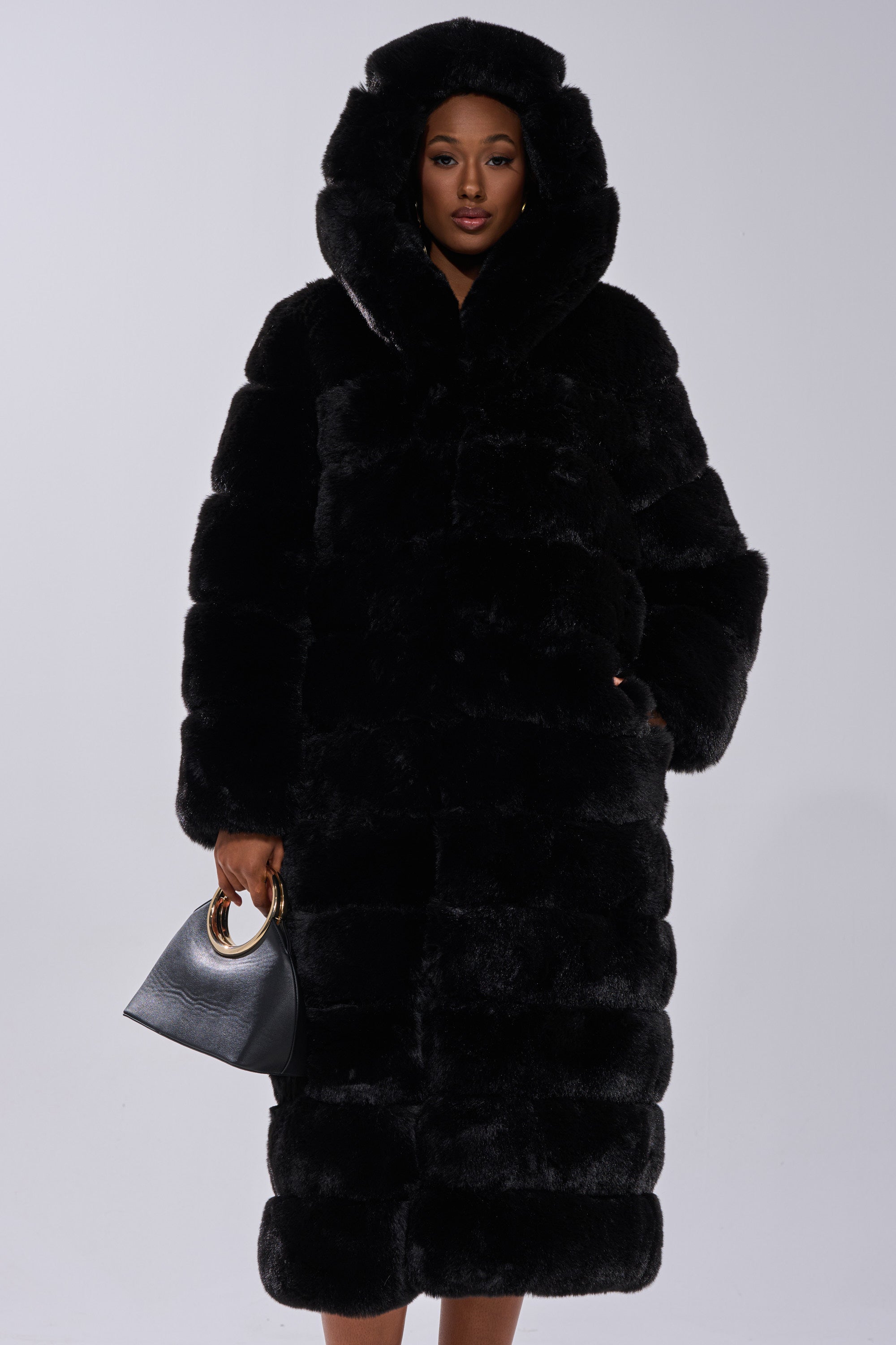 FAUX FUR PANEL HOODED TRENCH IN BLACK