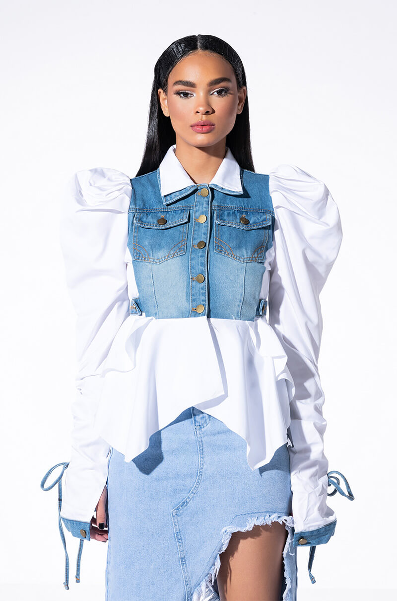HER DENIM TOP WITH SATIN CONTRAST