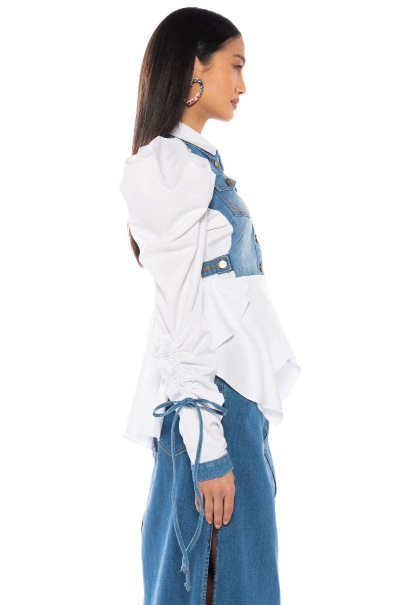 HER DENIM TOP WITH SATIN CONTRAST