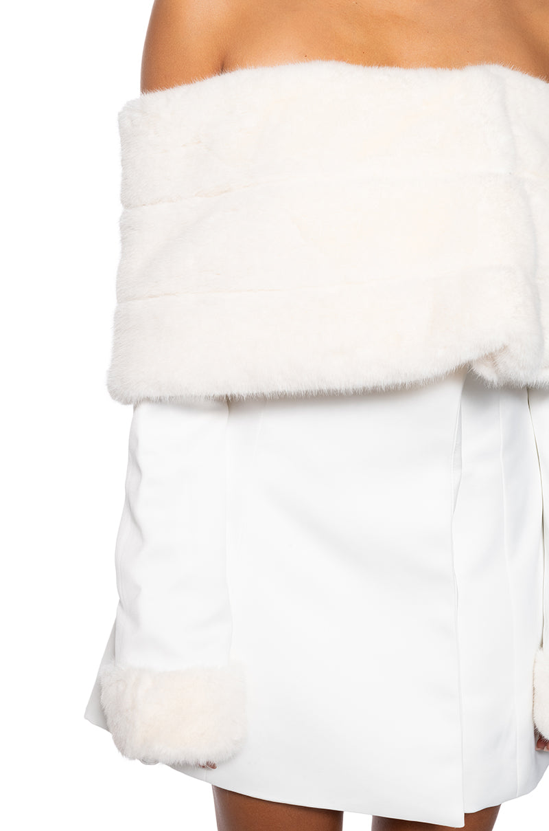 APRES SKI OFF SHOULDER FAUX FUR MINI DRESS