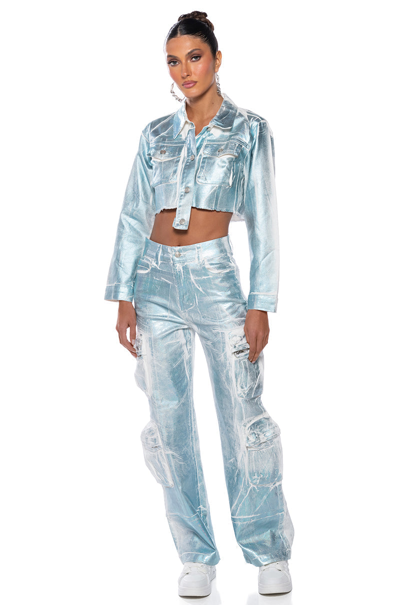 AUBREY BRUSHED METALLIC WIDE LEG CARGO JEANS