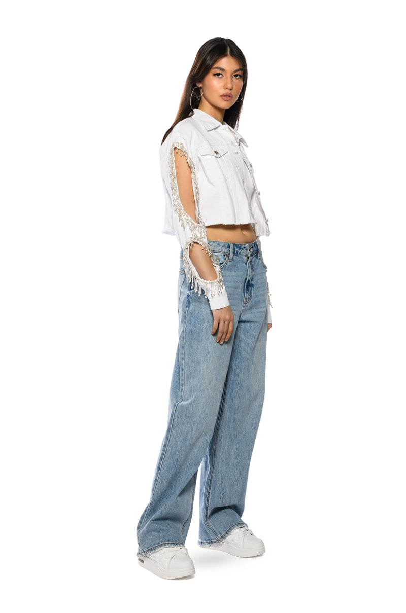 AZALEA WANG CUT OUT ARM RHINESTONE DENIM JACKET
