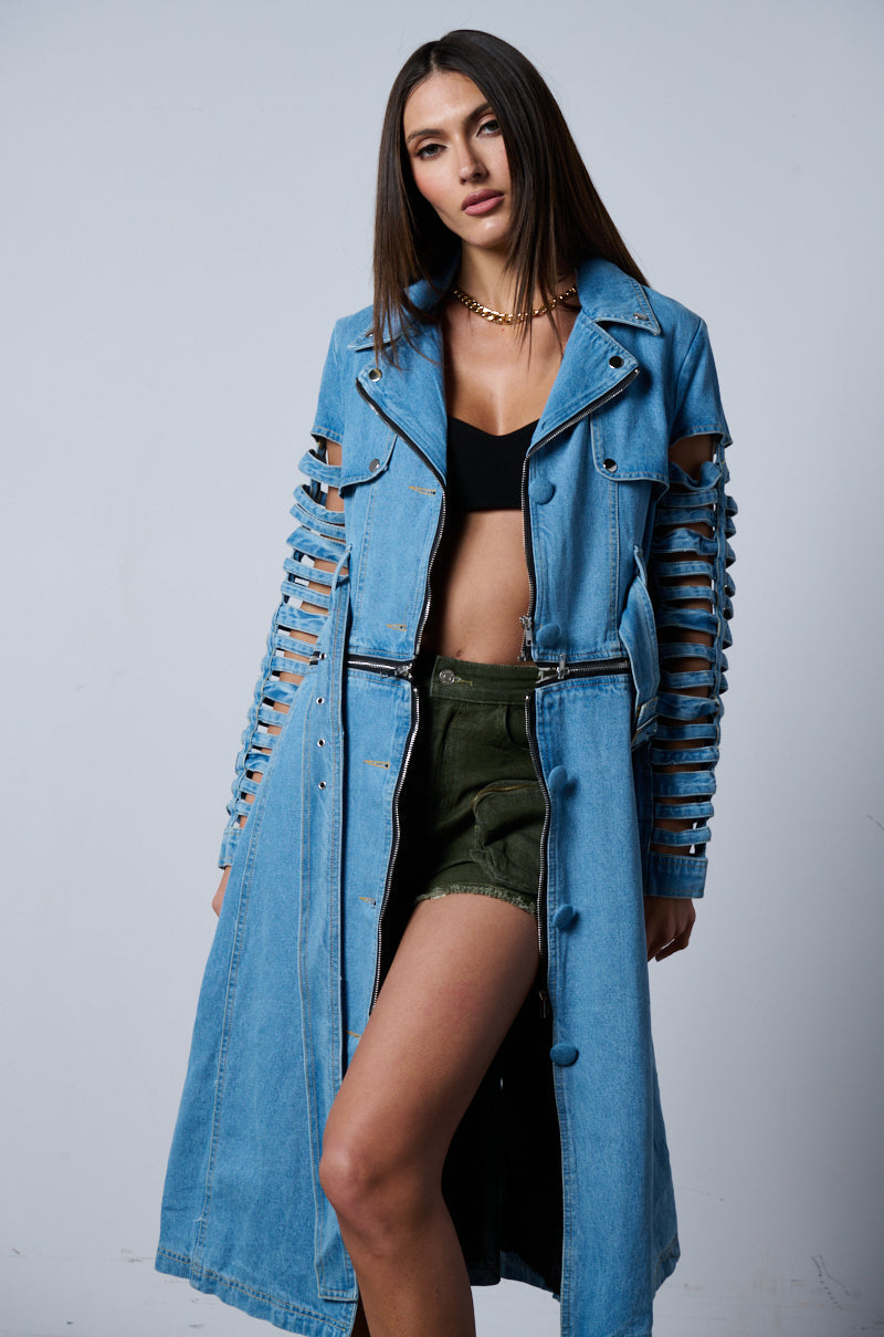 BLOSSOM DENIM CUT OUT PANEL CONVERTIBLE TRENCH