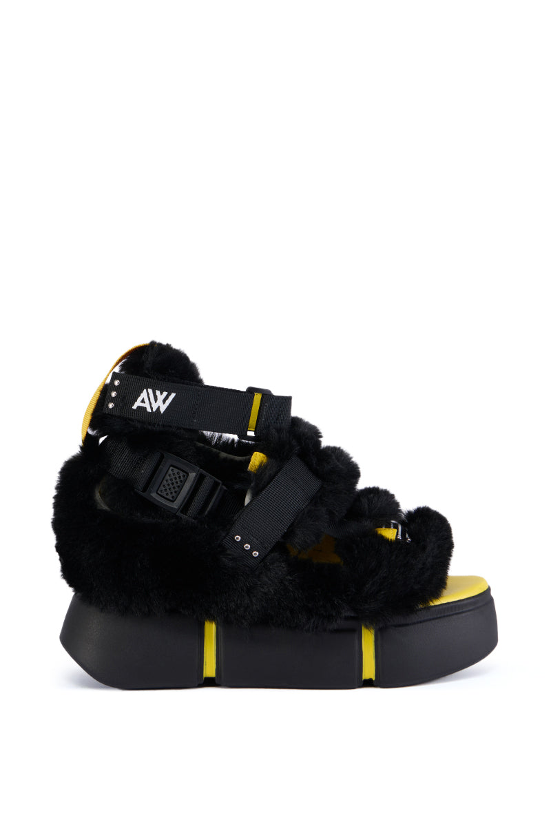 CRANBERRY CAGED BLACK FUZZY FLATFORM SANDAL