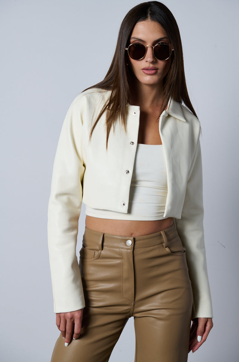 DRESSY CROPPED FAUX LEATHER BLAZER IN IVORY