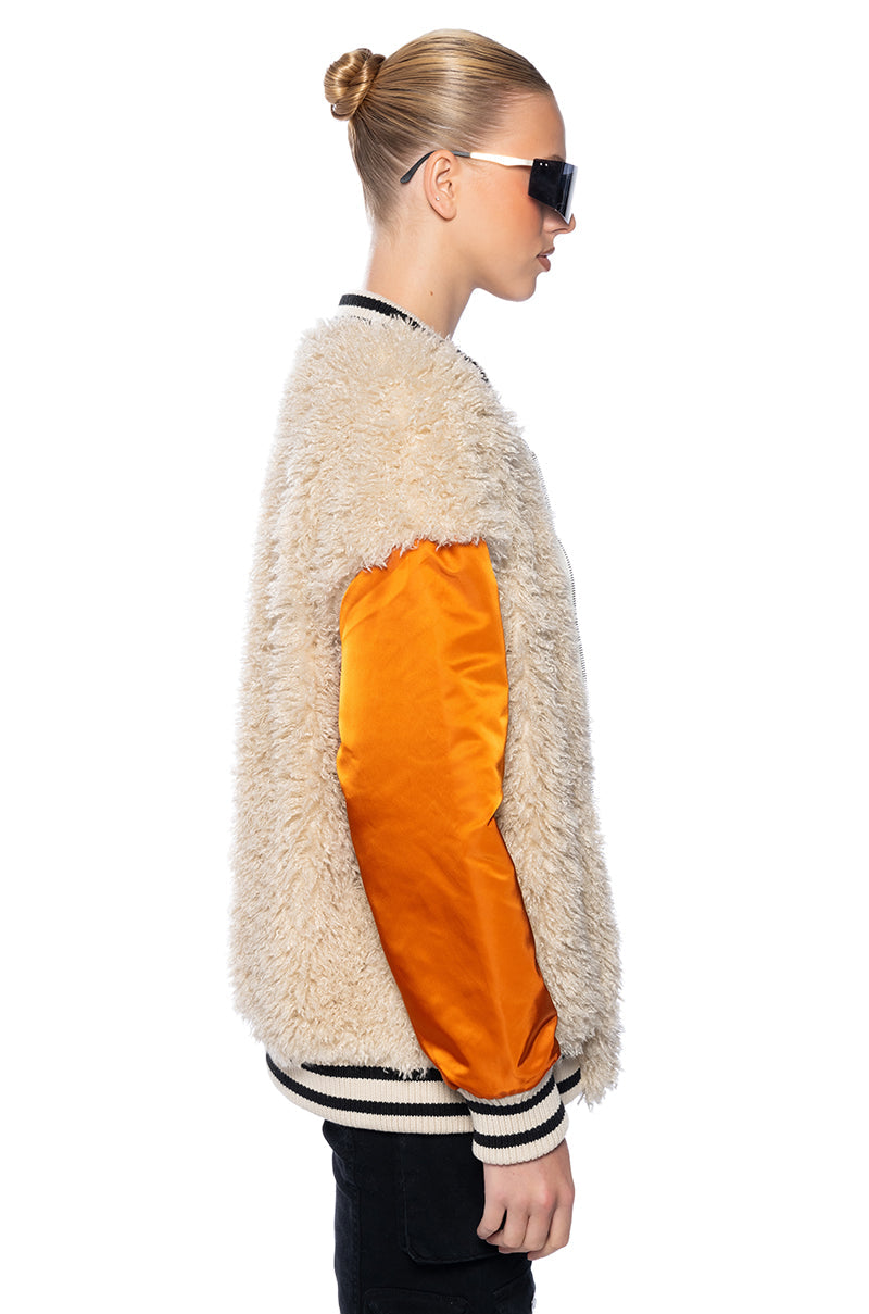 FUR BODICE NYLON VARSITY BOMBER