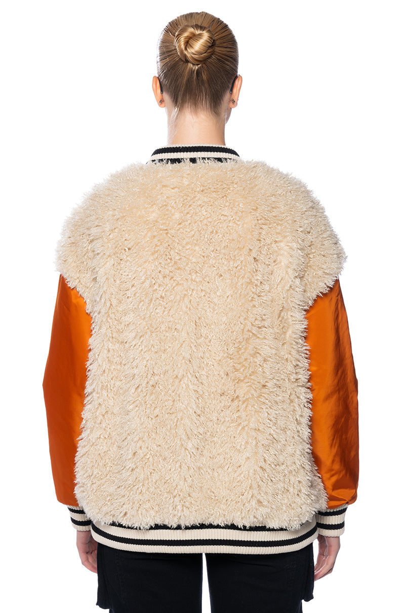 FUR BODICE NYLON VARSITY BOMBER