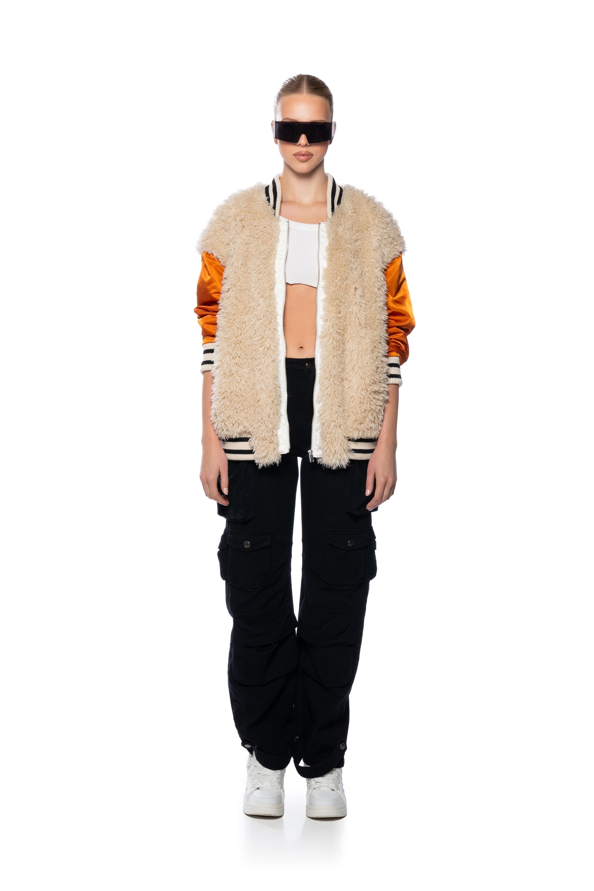 FUR BODICE NYLON VARSITY BOMBER