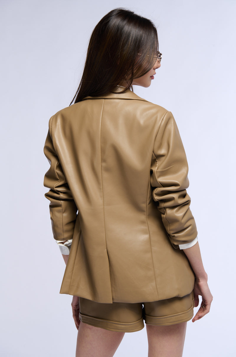 GIRL BOSS SOFT FAUX LEATHER BLAZER IN BROWN