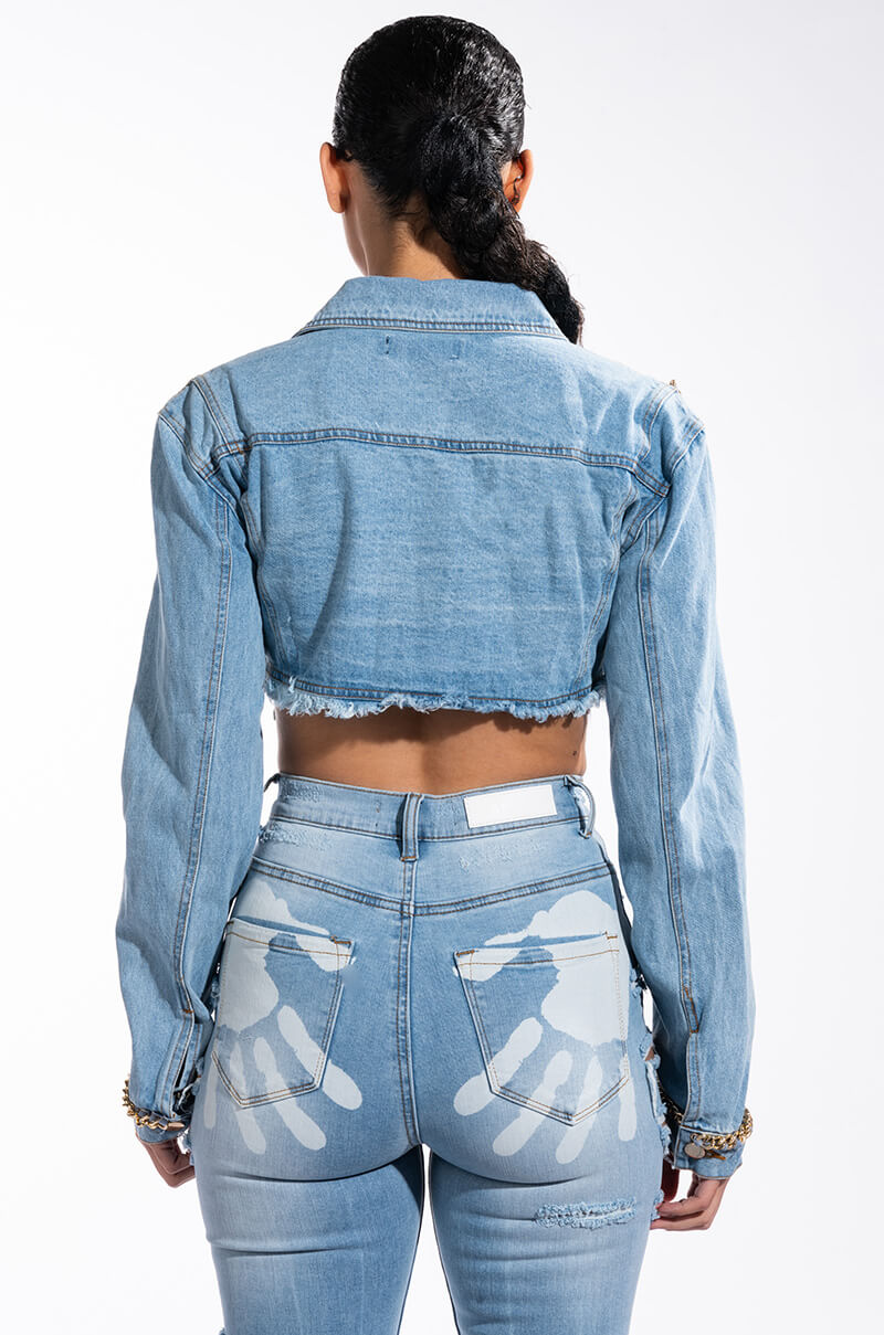 GOLD CHAIN HEM CROP DENIM JACKET