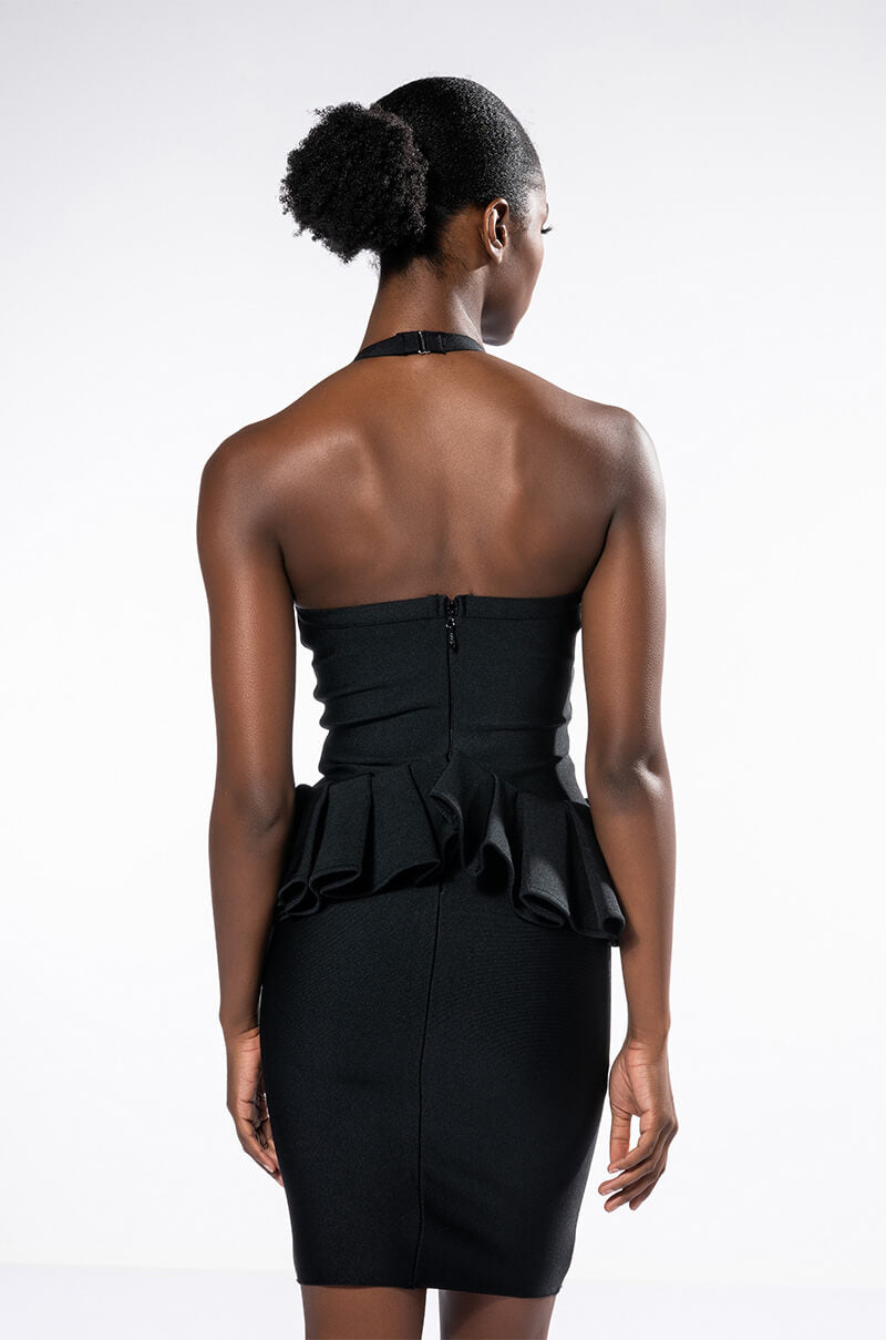 HUSTLER RUFFLE DETAIL BANDAGE MINI DRESS