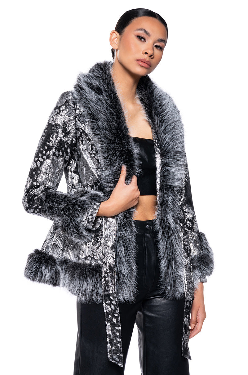 KENZY LUXE FAUX FUR TRIM BROCADE PEPLUM MOTO