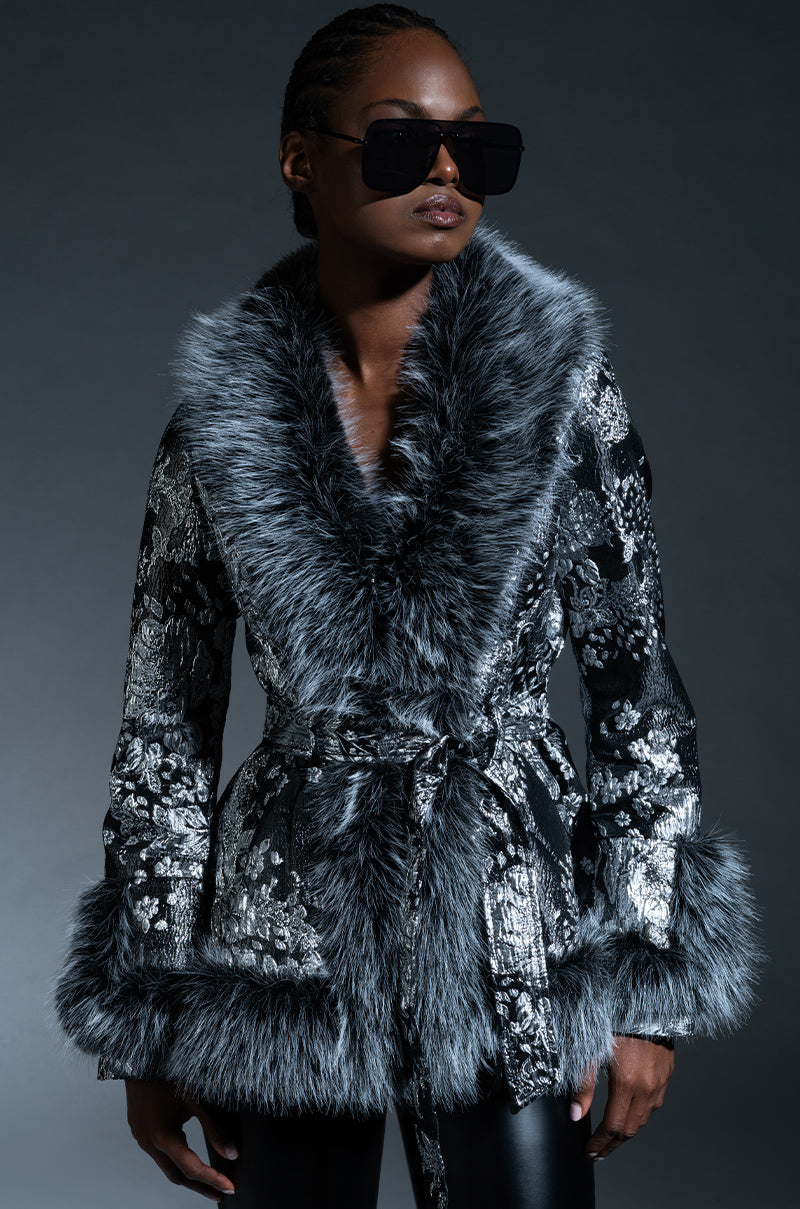 KENZY LUXE FAUX FUR TRIM BROCADE PEPLUM MOTO
