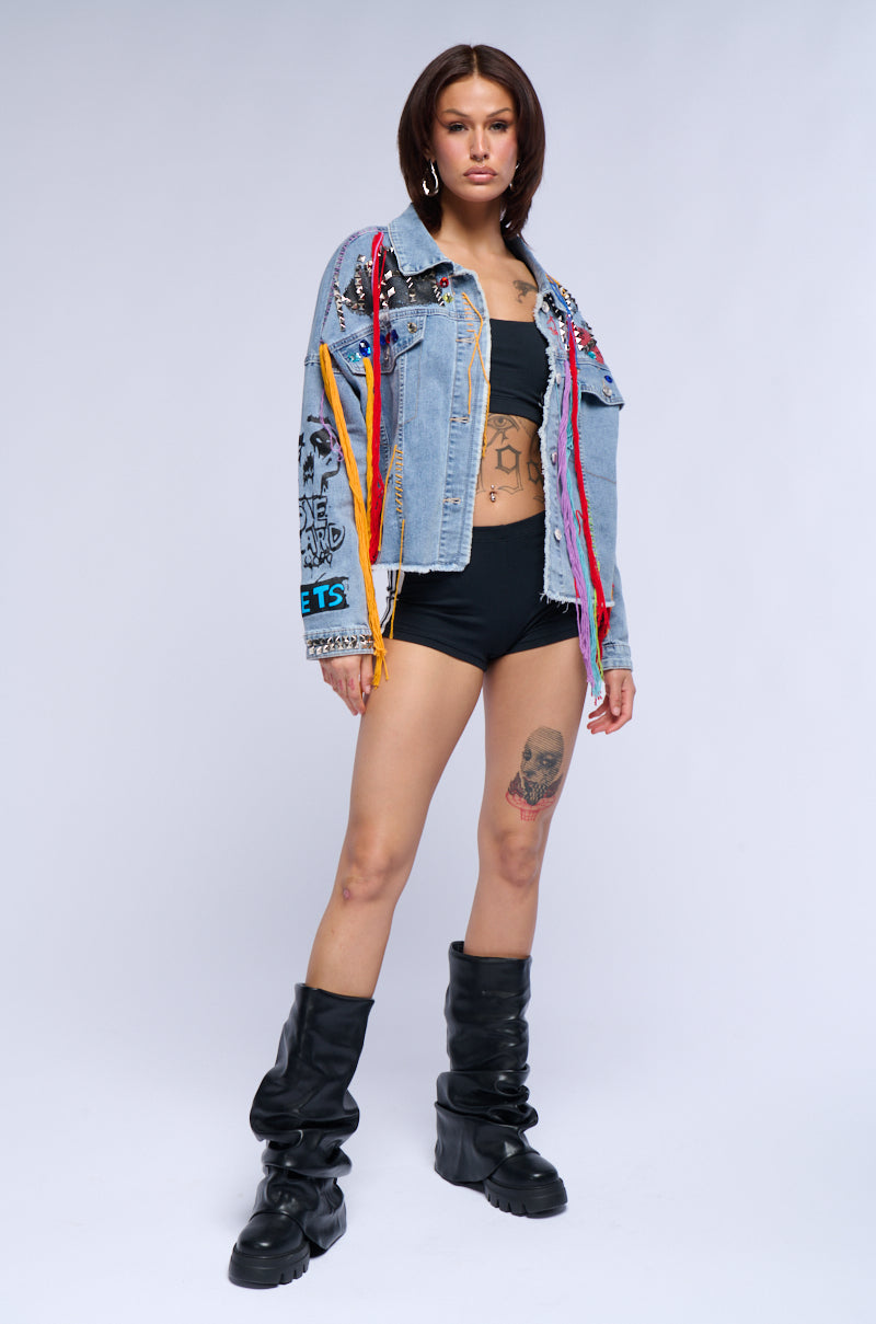 LOST IN THE CITY STUDDED YARN APPLIQUE DENIM JACKET