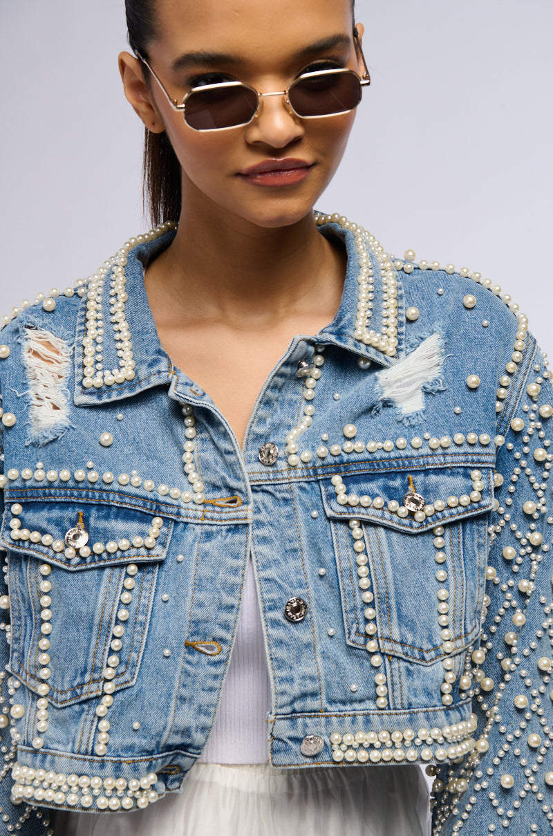 LUCKY YOU CROPPED PEARL DENIM JACKET