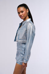 METALLIC DENIM BUTTON DOWN CROP JACKET