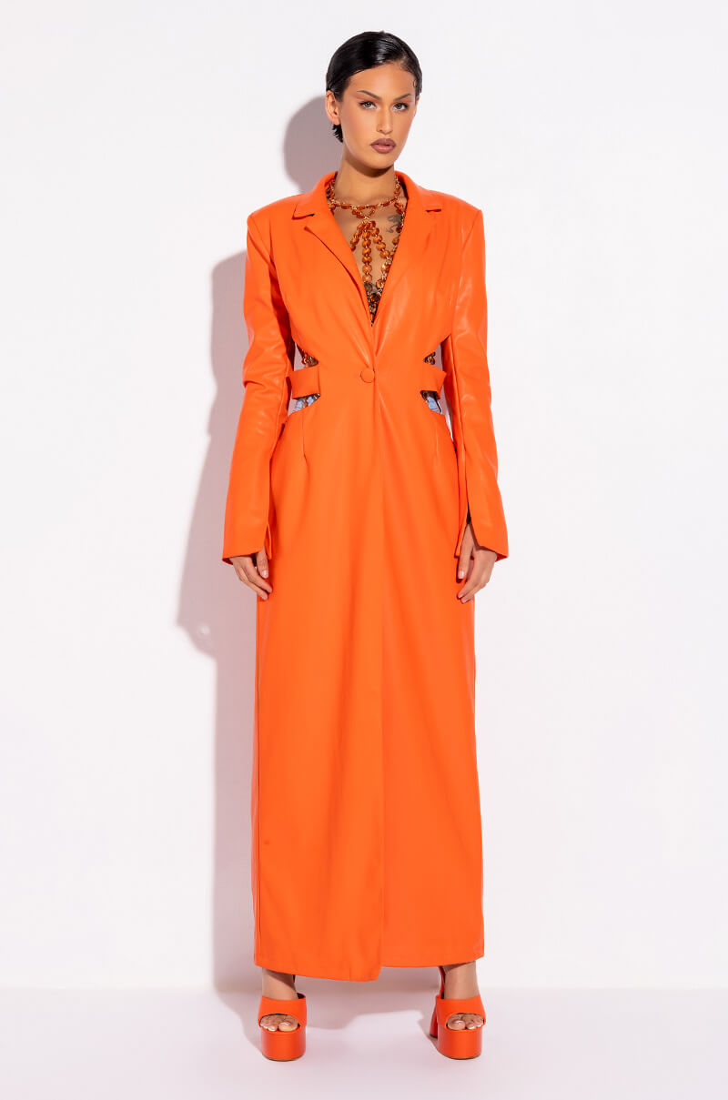 MORE LIFE ORANGE CUT OUT PLEATHER TRENCH