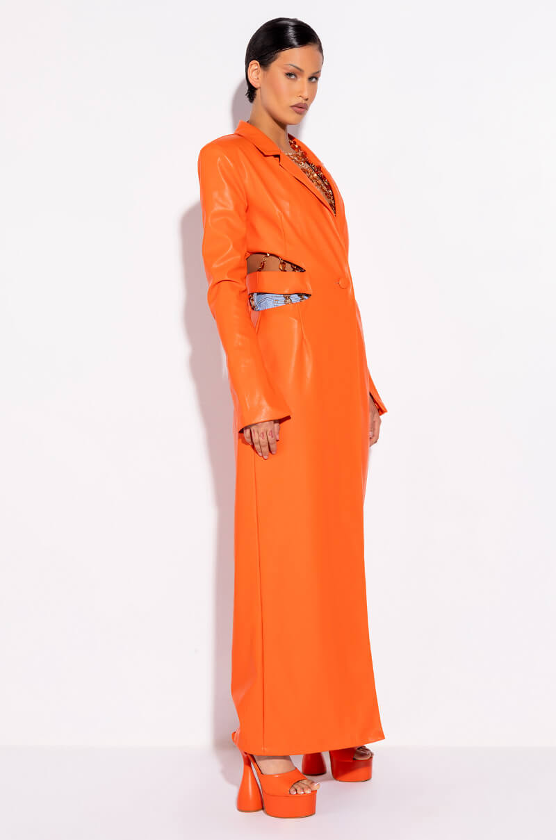 MORE LIFE ORANGE CUT OUT PLEATHER TRENCH