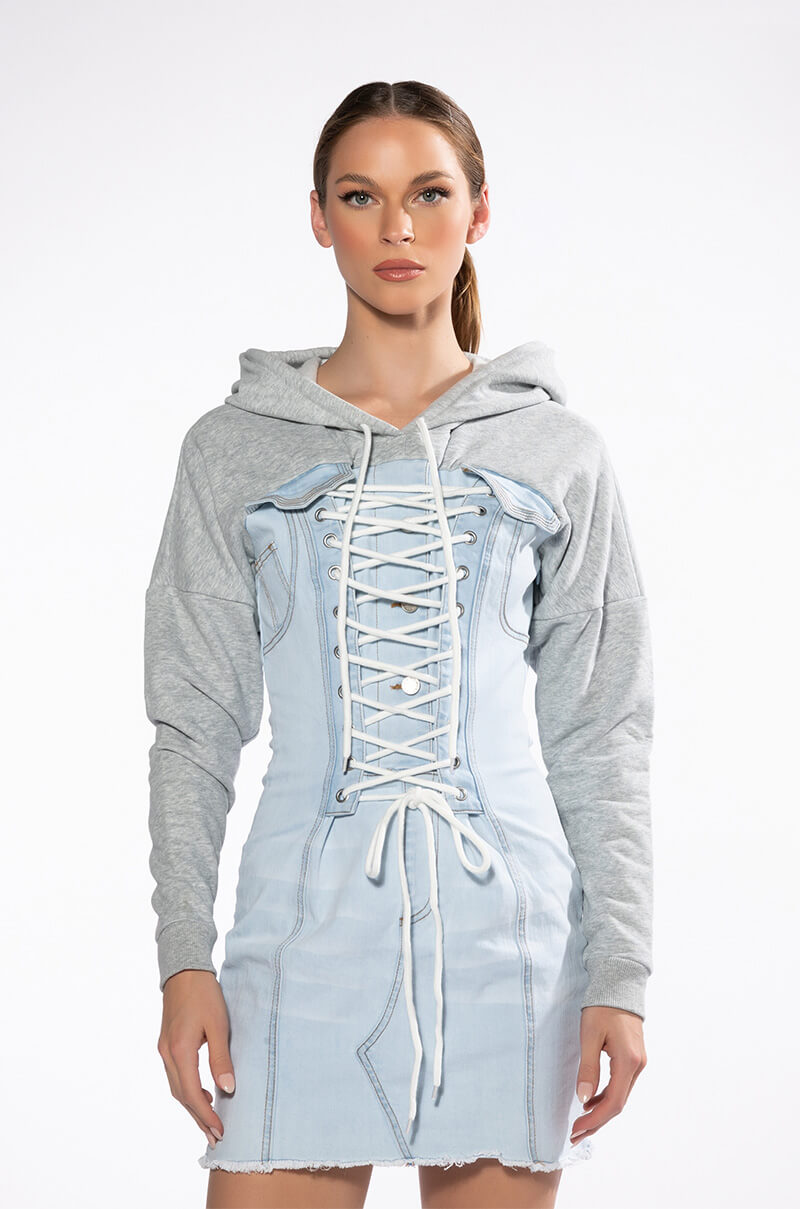 GINA LACE UP DENIM HOODED MINI DRESS